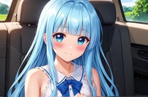 masterpiece, best quality, extremely detailed, (illustration, official art:1.1), 1 girl ,(((( light blue long hair)))), ,(((( light blue long hair)))),light blue hair, ,10 years old, long hair ((blush)) , cute face, big eyes, masterpiece, best quality,(((((a very delicate and beautiful girl))))),Amazing,beautiful detailed eyes,blunt bangs((((little delicate girl)))),tareme(true beautiful:1.2), sense of depth,dynamic angle,,,, affectionate smile, (true beautiful:1.2),,(tiny 1girl model:1.2),)(flat chest)),masterpiece,best quality, masterpiece, highres, 1girl,1 girl, sitting in a car, depressed expression, lonely, disappointed, raining outside, night、Perfect　hands
,petite