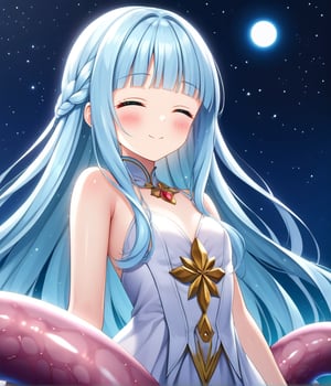 masterpiece, best quality, extremely detailed, (illustration, official art:1.1), 1 girl ,(((( light blue long hair)))), ,(((( light blue long hair)))),light blue hair, , long hair ((blush)) , cute face, big eyes, masterpiece, best quality,(((((a very delicate and beautiful girl))))),Amazing,beautiful detailed eyes,blunt bangs((((little delicate girl)))),tareme(true beautiful:1.2), sense of depth,dynamic angle,,,, affectionate smile, (true beautiful:1.2),,(tiny 1girl model:1.2),)(flat chest) ,A breathtaking scene unfolds as the moonlight casts a luminous glow on a deserted beach, painting the sky with a tapestry of twinkling stars. At the center of this ethereal moment, A young woman with long hair cascades sits in deep meditation. Its tranquil presence evokes a sense of inner peace and serenity amidst the vastness of the empty coast. The girl's silhouette stands out against the backdrop of darkness, his serene expression bathed in soft moonlight. Long pink tentacles of cascade down the back, intertwined with the gentle sea breeze that caresses his face. Your closed eyes indicate a deep connection to the universe, as if his own thoughts harmonized with the whispers of the ocean waves.((big moon )))