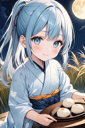 masterpiece, best quality, extremely detailed, (illustration, official art:1.1), 1 girl ,(((( light blue hair)))), ,(((( light blue long hair)))),light blue hair, ,((blush)) , cute face, big eyes, masterpiece, best quality,(((((a very delicate and beautiful girl))))),Amazing,beautiful detailed eyes,blunt bangs((((little delicate girl)))),(((tareme))),droopy eyes.(true beautiful:1.2), sense of depth,dynamic angle,,,, affectionate smile, (true beautiful:1.2),,(tiny 1girl model:1.2),)(flat chest),


, (White round dumplings piled up on a wooden plate), masterpiece, best quality, source_anime, , shiodare,On a full moon night, moon viewing, full moon, Japanese pampas grass, watercolor style, mysterious, yukata,, japanese style room, sitting,


rating_safe, (view from below:1.4), night sky, (big moon:1.4), face focus, upper body,
smile, half-closed eyes, parted lips, looking down,
BREAK
, loli,  ponytail, wavy hair, (hair between eyes:0.7), sideburns, flipped hair, (aqua scrunchie:1.0),
outdoors, (night:1.2),, a vase of Japanese pampas grass on either side of the jugoya bun on a plate is offered to