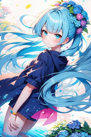 Masterpiece, best quality, extremely detailed, (illustration, official art: 1.1), (((((1 girl))))), ((light blue long hair))), light blue hair, 10 years old,  ((blush)), cute face, big eyes, masterpiece, best quality, ((a very delicate and beautiful girl)))), amazing, beautiful detailed eyes, blunt bangs (((little delicate girl)))), tareme (true beautiful: 1.2),
,Bubble, under the water
Best quality、photorealistic、super detail、delicate、orderly、high detail、、(droopy iris of heterochromia,glowing eyes:1.3)、slender、(1 girl:1.2)、(beauty of nature、Blue hydrangea、Girl wearing a rain parka、get wet、Round hydrangea frame、white background、dynamic angle、:1.3)、,Colors,full body