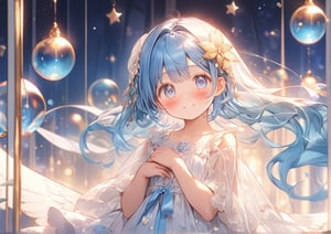 masterpiece, best quality, extremely detailed, (illustration, official art: 1.1), 1 girl, (((light blue long hair))), ((blush)), cute face, big Eyes, masterpiece, best quality, (((a very delicate and beautiful girl))))), amazing, beautiful detailed eyes, blunt bangs ((((little delicate girl))), ((tareme))), droopy eyes. (true beautiful: 1.2), sense of depth, affectionate smile, (true beautiful: 1.2), (tiny 1girl model: 1.2), (flat chest),((Girl floating in the starry sky))、((Multiple Bubbles))、((Beautiful girl in the middle))、((The girl has big wings))、((The girl closes her eyes and smiles gently))、((She has her hands on her chest))((she is wearing a dress))
