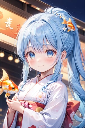 masterpiece, best quality, extremely detailed, (illustration, official art:1.1), 1 girl ,(((( light blue hair)))), ,(((( light blue long hair)))),light blue hair, ,((blush)) , cute face, big eyes, masterpiece, best quality,(((((a very delicate and beautiful girl))))),Amazing,beautiful detailed eyes,blunt bangs((((little delicate girl)))),(((tareme))),droopy eyes.(true beautiful:1.2), sense of depth,dynamic angle,,,, affectionate smile, (true beautiful:1.2),,(tiny 1girl model:1.2),)(flat chest), , long ponytail, ((waiting, boring)), long shot、"A girl in a beautiful white yukata with goldfish patterns. The obi of the yukata is pink and adorned with shining pearl accessories.tied hair, kanzashi, flower hair ornament, Fluffy note hair ornament,  crescent earrings,, , , 8k, super detail, UHD, accurate, masterpiece, anatomically correct, textured skin, super detail, high details, high quality, award winning, best quality, highres ,(((Excitement, tension, embarrassment))),,Station front, Meet at the station roundabout、clutch one's hands together