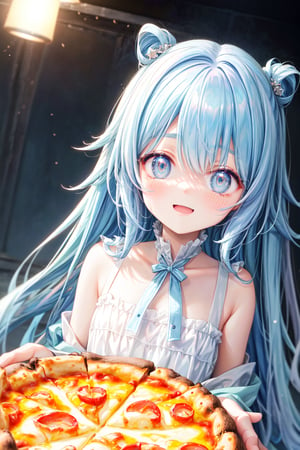 masterpiece, best quality, extremely detailed, (illustration, official art:1.1), 1 girl ,(((( light blue hair)))), ,(((( light blue long hair)))),light blue hair, ,((blush)) , cute face, big eyes, masterpiece, best quality,(((((a very delicate and beautiful girl))))),Amazing,beautiful detailed eyes,blunt bangs((((little delicate girl)))),(((tareme))),droopy eyes.(true beautiful:1.2), sense of depth,dynamic angle,,,, affectionate smile, (true beautiful:1.2),,(tiny 1girl model:1.2),girl,Ten years old、 cute, Big blue eyes, Biting into melted cheese pizza、Eat pizza deliciously
