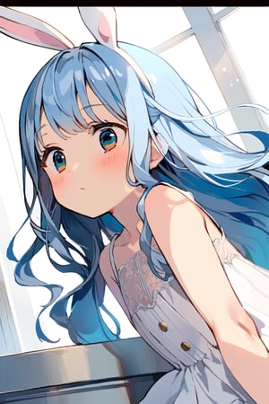 masterpiece, best quality, extremely detailed, (illustration, official art:1.1), 1 girl ,(((( light blue long hair)))), ,(((( light blue long hair)))),light blue hair, , long hair ((blush)) , cute face, big eyes, masterpiece, best quality,(((((a very delicate and beautiful girl))))),Amazing,beautiful detailed eyes,blunt bangs((((little delicate girl)))),tareme(true beautiful:1.2), sense of depth,dynamic angle,,,(((tareme))), (true beautiful:1.2),,(tiny 1girl model:1.2)(flat chest) 、Fluffy bunny ears, one cute girl, light blue hair and eyes, cute room