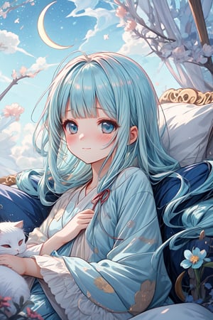 masterpiece, best quality, extremely detailed, (illustration, official art:1.1), 1 girl ,(((( light blue long hair)))), ,(((( light blue long hair)))),light blue hair,loli, long hair ((blush)) , cute face, , masterpiece, best quality,(((((a very delicate and beautiful girl))))),Amazing,beautiful detailed eyes,blunt bangs((((little delicate girl)))),tareme(true beautiful:1.2), sense of depth,dynamic angle,,,, affectionate smile, (true beautiful:1.2),,(tiny 1girl model:1.2),)(flat chest), complex background, wishing star background, a magical scene with shining stars and dreamlike elements, conveying the idea that the magic of Christmas awakens sleeping dreams. Make sure the elements give a dreamy feel. in bed, There are a lot of pillows, dreamy, comfortable, night time, crescent moon, Quiet nights,Comfortable beds,Cosy bedroom,Serene expression,Lightweight dressing gown,gentlesoftlighting,dreamlike scenes,Cloud-like pillows,Starry curtain, portrait、 ☁🌙, ,Embryo,Sleep comfortably, Sleeping Girl,nightcore, Anime girl sleeping with cat in clouds with stars,
,pure sleep, (wide shot, white background