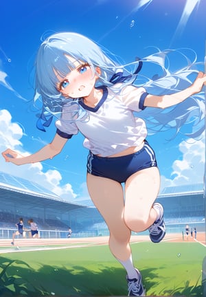 masterpiece, best quality, extremely detailed, (illustration, official art:1.1), 1 girl ,(((( light blue long hair)))), ,(((( light blue long hair)))),light blue hair, , long hair ((blush)) , cute face, masterpiece, best quality,(((((a very delicate and beautiful girl))))),Amazing,beautiful detailed eyes,blunt bangs,((((little delicate girl)))),(((tareme))),14yo,droopy eyes.(true beautiful:1.2), sense of depth,dynamic angle,,,(flat chest), (masterpiece, best quality),from below, 1girl,, (Bread in a bag) 、 ponytail,hair ribbon,gym uniform, dark blue buruma,sports shoes,socks,running, sweat, blue sky, school yard, solo, 1girl, BREAK (masterpiece, best quality,ultra-detailed:1.2) BREAK (white shirt:1.2), short sleeves, crop top, BREAK (blue buruma:1.3), short sleeves school gym uniform, sneakers,,(track and field),((blue buruma)),(socks,shoes),(track),(athletic field), masterpiece, high quality, highly detailed,(full body shot:1.2), 
