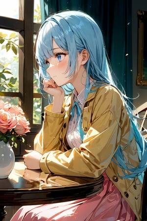  masterpiece, best quality, extremely detailed, (illustration, official art:1.1),,(((( light blue long hair)))),,((blush)) , cute face, masterpiece, best quality,(((((a very delicate and beautiful girl))))),Amazing,beautiful detailed eyes,blunt bangs((((little delicate girl)))),(((tareme))),droopy eyes.(true beautiful:1.2), sense of depth,dynamic angle,,,, (true beautiful:1.2),,(tiny 1girl model:1.2),)(flat chest),(masterpiece:1.2), best quality,PIXIV,flot, 1girl, solo, sitting, long hair, flower, chair, food, pink flower, cup, holding, long sleeves, pink skirt, rose, skirt, jacket, table, rose, indoors, blush, bangs, plant, holding cup, yellow jacket, profile, coat, long skirt, vase、looking away,tears