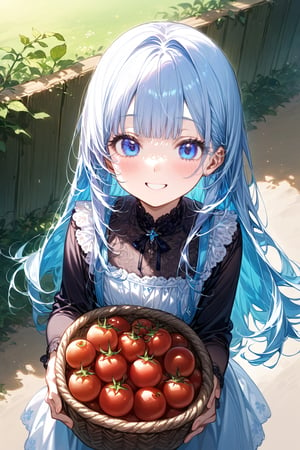 masterpiece, best quality, extremely detailed, (illustration, official art: 1.1), 1 girl, (((light blue long hair)))), (((light blue long hair))), light blue hair,, long hair ((blush)) , cute face, big eyes, masterpiece, best quality, (((a very delicate and beautiful girl)))), amazing, beautiful detailed eyes, blunt bangs (((little delicate girl)))), tareme (true beautiful: 1.2), sense of depth, dynamic angle,,, affectionate smile, (true beautiful: 1.2), (tiny 1girl model: 1.2),) (flat chest),Photorealistic, Chibi girl holding basket of vegetables (Chibi cherry tomatoes, basket full of cherry tomatoes, smiling face), basket of vegetables, field,