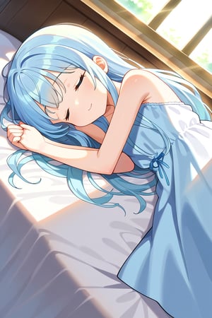 (((( light blue long hair)))),((((little delicate girl)))), 1 girl ,tiny 1girl ,young, 1girl, solo beautiful , sleeping , happy, peaceful, dutch angle, sunlight, windows, shadows masterpiece, best quality, high quality,
