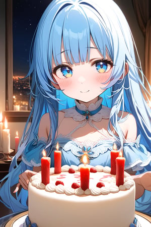 masterpiece, best quality, extremely detailed, (illustration, official art:1.1), 1 girl ,(((( light blue long hair)))), ,(((( light blue long hair)))),light blue hair, , long hair ((blush)) , cute face, masterpiece, best quality,(((((a very delicate and beautiful girl))))),Amazing,beautiful detailed eyes,blunt bangs((((little delicate girl)))),(((tareme))),droopy eyes.(true beautiful:1.2), sense of depth,dynamic angle,,,, affectionate smile, (true beautiful:1.2),,(tiny 1girl model:1.2),)(flat chest),1Young girl,,Off-shoulder dress,Navel,Round Table,Birthday Cake,Make a Wish,night,Beautiful red light,Candle,Casual Dresses