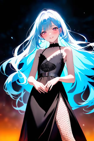 masterpiece, best quality, extremely detailed, (illustration, official art:1.1), 1 girl ,(((( light blue long hair)))), ,(((( light blue long hair)))),light blue hair, , long hair ((blush)) , cute face, big eyes, masterpiece, best quality,(((((a very delicate and beautiful girl))))),Amazing,beautiful detailed eyes,blunt bangs((((little delicate girl)))),tareme(true beautiful:1.2), sense of depth,dynamic angle,,,(((tareme))), affectionate smile, (true beautiful:1.2),,(tiny 1girl model:1.2)(flat chest) 、（dark atmosphere,gothic fashion,bright colors）,（best quality,Super exquisite,）,Sexy goth Vampire girl,In the rose garden at night,Beautiful and delicate eyes,Straight black light blue long hair with blue tips,Crow feathers,red lipstick,mysterious smile,Pale complexion,fishnet stockings,black dress,Pointed-toe bootysterious aura,The moonlight illuminates her elegant silhouette,Soft shadows and soft highlights,Contrasting colors create a vibrant atmosphere,dark and moody color palette,Subtle yet dramatic lighting effects,Sublime darkness intertwined with exquisite moonlight, She's tall and mature, red tone, beatiful pretty face
