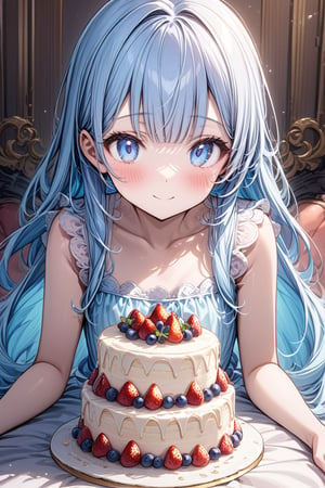 masterpiece, best quality, extremely detailed, (illustration, official art:1.1), 1 girl ,(((( light blue long hair)))), ,(((( light blue long hair)))),light blue hair, , long hair ((blush)) , cute face, big eyes, masterpiece, best quality,(((((a very delicate and beautiful girl))))),Amazing,beautiful detailed eyes,blunt bangs((((little delicate girl)))),tareme(true beautiful:1.2), sense of depth,dynamic angle,,,, affectionate smile, (true beautiful:1.2),,(tiny 1girl model:1.2),)(flat chest),orange Background. blue eyes. holding a cake with strawberries. summer. Flappers. birthday. present. background simple white
