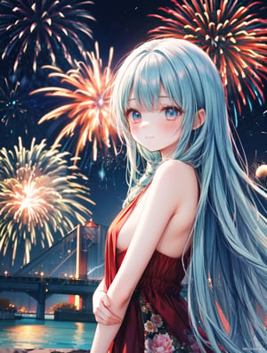 masterpiece, best quality, extremely detailed, (illustration, official art:1.1), 1 girl ,(((( light blue long hair)))), ,(((( light blue long hair)))),light blue hair, , long hair ((blush)) , cute face, masterpiece, best quality,(((((a very delicate and beautiful girl))))),Amazing,beautiful detailed eyes,blunt bangs((((little delicate girl)))),(((tareme))),droopy eyes.(true beautiful:1.2), sense of depth,dynamic angle,,,, affectionate smile, (true beautiful:1.2),,(tiny 1girl model:1.2),)(flat chest),Brilliant pyrotechnics 32K（tmasterpiece,k hd,hyper HD,32K）Spectacular fireworks display. The fireworks are huge,zydink, a color,  Asian people （Silly girl）, （Silk scarf）, Combat posture, looking at the ground, Large rolls of rouge, Flowing rouge curls,Onyx emerald tiara,black gold garment, （abstract ink splash：1.2）, Spectacular fireworks display. The fireworks are huge,Water lily flower protector（realisticlying：1.4）,Rouge hair,Autumn is in full swing,The background is pure, A high resolution, the detail, RAW photogr, Sharp Re, Nikon D850 Film Stock Photo by Jefferies Lee 4 Kodak Portra 400 Camera F1.6 shots, Rich colors, ultra-realistic vivid textures, Dramatic lighting, Unreal Engine Art Station Trend, cinestir 800,Large curls,Flowing rouge,(((firework)))