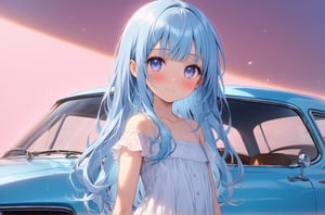 masterpiece, best quality, extremely detailed, (illustration, official art:1.1), 1 girl ,(((( light blue long hair)))), ,(((( light blue long hair)))),light blue hair, ,10 years old, long hair ((blush)) , cute face, big eyes, masterpiece, best quality,(((((a very delicate and beautiful girl))))),Amazing,beautiful detailed eyes,blunt bangs((((little delicate girl)))),tareme(true beautiful:1.2), sense of depth,dynamic angle,,,, affectionate smile, (true beautiful:1.2),,(tiny 1girl model:1.2),)(flat chest)),girl、Standing next to a pastel colored car、Retro style background
,HuracánCar