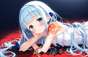 Masterpiece, best quality, extremely detailed, (illustration, official art: 1.1), ((((1 girl)))), ((light blue long hair))), light blue hair, ,young,,,,((blush)),, tareme, masterpiece, best quality, (a very delicate and beautiful girl)))), flat chest ,amazing, beautiful detailed eyes, blunt bangs (((little delicate girl)))), tareme、garota and roupas cybersigilism gotica, and (Barbed wire through the body) cabelo preto and pontas branca,1 girl,Black Tears,Black and white