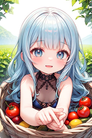 masterpiece, best quality, extremely detailed, (illustration, official art:1.1), 1 girl ,(((( light blue long hair)))), ,(((( light blue long hair)))),light blue hair, , long hair ((blush)) , cute face, big eyes, masterpiece, best quality,(((((a very delicate and beautiful girl))))),Amazing,beautiful detailed eyes,blunt bangs((((little delicate girl)))),tareme(true beautiful:1.2), sense of depth,dynamic angle,,,, affectionate smile, (true beautiful:1.2),,(tiny 1girl model:1.2),)(flat chest),Photorealistic、Chibi Girl（Harvesting cherry tomatoes、A lot of cherry tomatoes in a basket、smile）、Vegetables in a basket、field,