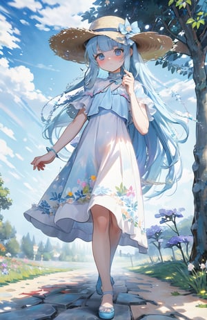 absurd, high resolution, ultra detailed, BREAK, flat chest, long hair, (((( light blue long hair)))), ((blushing)), clear blue eyes, french braids, BREAK, blunt bangs, walking, BREAK, sundress, sun hat, mary jane, BREAK, rich gradation, extreme colors, extreme details, clear light perception, BREAK, (Monet, impressionism, oil painting), anime characters, BREAK,梵高风格/ゴッホ スタイル/ゴッホ, (Official Art, beauty and aesthetics: 1.2), (Fractal Art: 1.3), Pastel color scheme, Most detailed,Spread your hands
