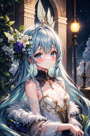 masterpiece, best quality, extremely detailed, (illustration, official art:1.1), 1 girl ,(((( light blue long hair)))), ,(((( light blue long hair)))),light blue hair, , long hair ((blush)) , cute face, big eyes, masterpiece, best quality,(((((a very delicate and beautiful girl))))),Amazing,beautiful detailed eyes,blunt bangs((((little delicate girl)))),tareme(true beautiful:1.2), sense of depth,dynamic angle,,,, affectionate smile, (true beautiful:1.2),,(tiny 1girl model:1.2),)(flat chest),(tmasterpiece、top-quality、top-quality、watercolor paiting(curled)、offcial art、aestheticly pleasing:1.2)、(1 girl in:1.3)、(s fractal art:1.3)、Upper part of the body、seen from the front、looking at viewert、Patterned、(Hair color、Half  light blue,Half of the hair is purple:1.2)、Eau、liquids、cloud、Extremely colorful、starrysky、stone monument、Smiling red lips and big eyes,white skinned,Ambilight,The contrast is very sharp,The details were perfect,Lots of flowers in hair