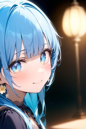 masterpiece, best quality, extremely detailed, (illustration, official art:1.1), 1 girl ,(((( light blue long hair)))), ,(((( light blue long hair)))),light blue hair, , long hair ((blush)) , cute face, big eyes, masterpiece, best quality,(((((a very delicate and beautiful girl))))),Amazing,beautiful detailed eyes,blunt bangs((((little delicate girl)))),tareme(true beautiful:1.2), sense of depth,dynamic angle,,,, affectionate smile, (true beautiful:1.2),,(tiny 1girl model:1.2),)(flat chest) ,(Girl with a flower  earring), 1 girl, solo, shine blue eyes, blue and yellow flower, Dark  dress, portrait, black background, Cinematic lighting, Chiaroscuro, Rembrandt portrait, The light and darkness of intense light and shadow, Overall dark brown and dull shades, dynamic lighting,,,((big flower earrings,Gypsophila)) 