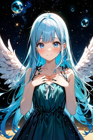 masterpiece, best quality, extremely detailed, (illustration, official art: 1.1), 1 girl, ((light blue long hair)), (blush)), cute face, big eyes, masterpiece, best quality, (((a very) Delicate and beautiful girl)))), amazing, beautiful detailed eyes, blunt bangs (((little delicate girl))), ((tareme))), droopy eyes. (true beautiful: 1.2), sense of depth, affectionate smile, (true beautiful: 1.2), (tiny 1girl model: 1.2), (flat chest), (Girl floating in the starry sky)), ((Multiple Bubbles)), ((Beautiful) Girl in the Middle)), ((The Girl Has Big Wings)), ((The Girl Smiles Her Eyes and Smiles Wears)), ((She Has Her Hands on Her Chest)) ((She Is Wearing a Dress))
