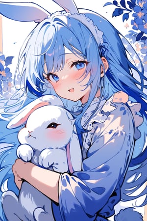 masterpiece, best quality, extremely detailed, (illustration, official art:1.1), 1 girl ,(((( light blue long hair)))), ,(((( light blue long hair)))),light blue hair, , long hair ((blush)) , cute face, big eyes, masterpiece, best quality,(((((a very delicate and beautiful girl))))),Amazing,beautiful detailed eyes,blunt bangs((((little delicate girl)))),tareme(true beautiful:1.2), sense of depth,dynamic angle,,,(((tareme))), (true beautiful:1.2),,(tiny 1girl model:1.2)(flat chest) 、masterpiece, top quality, very aesthetic, absurd, (super detailed), vivid, (nice hands, perfect hands), ideal proportions of the body, BREAK (vector outline, flat colors: 1.5), (one girl), solo, standing, (hugging white rabbit: 1.2), from the side, upper body close-up, (colorful floral background), BREAK cute girl, 18 years old, detailed blue eyes, (eye highlights), bright smile, (eyes closed: 1.2), wide open mouth, (blush all over face), floating hair, BREAK (wearing a shiny white maid: 1.2), (white rabbit ears headband and white rabbit tail), white thigh-high socks, white pumps