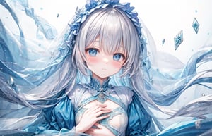 masterpiece, best quality, extremely detailed, (illustration, official art:1.1), 1 girl ,(((( light blue long hair)))), ,light blue hair, , long hair ((blush)) , cute face, masterpiece, best quality,(((((a very delicate and beautiful girl))))),Amazing,beautiful detailed eyes,blunt bangs((((little delicate girl)))),.(true beautiful), sense of depth,, ,(tiny 1girl model:1.2),)(flat chest),(adolescence girl),  (white detailed princess dress with many frills), (close eyes), (beautiful and detailed face),( freezer, the princess lies in a peaceful slumber. She is surrounded by ice crystals, ) sleeping beauty, (ice flower),Great aesthetics, fantasy theme, Ice petals falling,(snow,iceTheme)、,A world covered in silver, Cold winter feel, Sleeping、Face close-up、light sparkles、soft contrast、Cool color