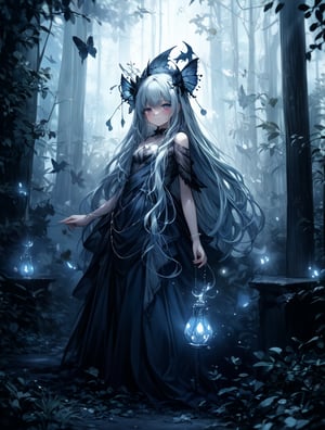 masterpiece, best quality, extremely detailed, (illustration, official art:1.1), 1 girl ,(((( light blue long hair)))), ,(((( light blue long hair)))),light blue hair, , long hair ((blush)) , cute face, masterpiece, best quality,(((((a very delicate and beautiful girl))))),Amazing,beautiful detailed eyes,blunt bangs((((little delicate girl)))),(((tareme))),droopy eyes.(true beautiful:1.2), sense of depth,dynamic angle,,,, affectionate smile, (true beautiful:1.2),,(tiny 1girl model:1.2),)(flat chest),,optical illusion, Black light art, conceptual artwork, por Arthur Rackham, (best qualityer, high resolution, ultra detali), The Goddess Casting Brilliant Mystical Spells on a Haunted Forest, orange and purple tones, portraits, bright coloured, extreme detailed description, sharp focus, Physically based rendering, studio lighting, horor, witch, magical, mysterious atmosphere, swirling mist, ethereal glow, ancient trees, twisted branches, Moonlit sky, mysterious shadows, Mesmerizing, enchanting, hauntingly beautiful,full body,Distant view 、Long shot 、Expansive vista 、darkness,(((backlighting)))
