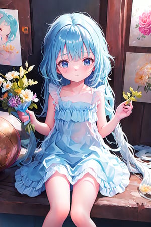 masterpiece, best quality, extremely detailed, (illustration, official art:1.1), 1 girl ,(((( light blue long hair)))), light blue hair, ,10 years old, long hair ((blush)) , cute face, big eyes, masterpiece, best quality,(((((a very delicate and beautiful girl))))),Amazing,beautiful detailed eyes,blunt bangs((((little delicate girl)))),tareme(true beautiful:1.2), sense of depth,dynamic angle,,,, affectionate smile, (true beautiful:1.2),,(tiny 1girl model:1.2),)(flat chest)),,absurdres, masterpiece, best quality, extremely detailed, high resolution, watercolor art ,  solo, holding bouquet of dried globe amaranth, smile, in the living room at home, various dried flowers hanging on the wall in background,Transparent Glass Flowers,perfect