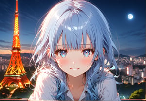 masterpiece, best quality, extremely detailed, (illustration, official art:1.1), 1 girl ,(((( light blue hair)))), ,(((( light blue long hair)))),light blue hair, ,((blush)) , cute face, big eyes, masterpiece, best quality,(((((a very delicate and beautiful girl))))),Amazing,beautiful detailed eyes,blunt bangs((((little delicate girl)))),(((tareme))),droopy eyes.(true beautiful:1.2), sense of depth,dynamic angle,,,shy, affectionate smile, (true beautiful:1.2),,(tiny 1girl model:1.2),)(flat chest),Absurd,High Resolution,Super Detailed,Texture,High Resolution,(1 Girl:1.3),(Upper Body),A scene of the view from Tokyo Tower, just after sunrise. The sky showed a beautiful contrast between the morning sun and the night sky.Night view,(Night view from Tokyo Tower)
, Full Moon Night , entire city visible , 