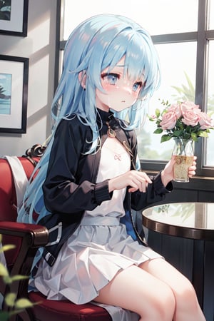 masterpiece, best quality, extremely detailed, (illustration, official art:1.1),,(((( light blue long hair)))),light blue hair,((blush)) , cute face, masterpiece, best quality,(((((a very delicate and beautiful girl))))),Amazing,beautiful detailed eyes,blunt bangs((((little delicate girl)))),(((tareme))),droopy eyes.(true beautiful:1.2), sense of depth,dynamic angle,,,, (true beautiful:1.2),,(tiny 1girl model:1.2),)(flat chest),(masterpiece:1.2), best quality,PIXIV,flot, 1girl, solo, sitting, long hair, flower, chair, food, pink flower, cup, holding, long sleeves, pink skirt, rose, skirt, jacket, table, rose, indoors, blush, bangs, plant, holding cup, yellow jacket, profile, coat, long skirt, vase、looking away,tears