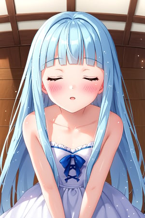 masterpiece, best quality, extremely detailed, (illustration, official art:1.1), 1 girl ,(((( light blue long hair)))), ,(((( light blue long hair)))),light blue hair, , long hair ((blush)) , cute face, big eyes, masterpiece, best quality,(((((a very delicate and beautiful girl))))),Amazing,beautiful detailed eyes,blunt bangs((((little delicate girl)))),tareme(true beautiful:1.2), sense of depth,dynamic angle,,,, affectionate smile, (true beautiful:1.2),,(tiny 1girl model:1.2),)(flat chest), (unity 8k wallpaper:1.0),(best quality:1.0),(illustration:1.0),(100 layer:1.0),(awesome amazing detailed:1.0),(chroma:1.8),(sharp:1.0),(3D:0.3),(realistic:0.1),
(beautiful and majestic:1.3),focus lips,(looking at viewer,looking up:1.3),(closed eyes:1.15),(stick lips out to viewer:1.5),(happy:1.3),(blush:1.5)(closeup to viewer:1.2),
(masterpiece:1.0),solo,