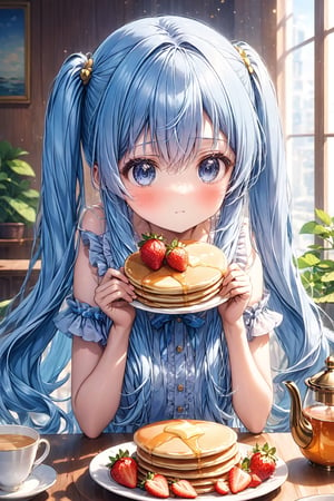 Anime girl eating pancakes with strawberries and teapot in front of her, light blue long hair、twin tails！splash art anime change, anime moe art style, Cute girl anime visual, small change girl, anime food, small curvy change, change, cute anime girl, Best Anime 4K Kona-chan Wallpaper, everyone, anime style 4k, Also, pixiv、Masterpiece, best quality, extremely detailed, (illustration, official art: 1.1), (((((1 girl))))), ((light blue long hair))), light blue hair, 10 years old, ((blush)), cute face, big eyes, tareme, masterpiece, best quality, ((a very delicate and beautiful girl)))), , girl,amazing, beautiful detailed eyes, blunt bangs (((little delicate girl)))), tareme (true beautiful: 1.2),
