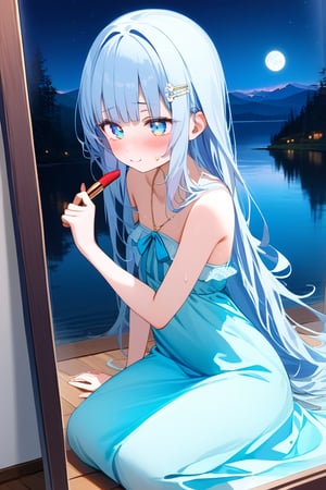 masterpiece, best quality, extremely detailed, (illustration, official art:1.1), 1 girl ,(((( light blue long hair)))), ,(((( light blue long hair)))),light blue hair, , long hair ((blush)) , cute face, big eyes, masterpiece, best quality,(((((a very delicate and beautiful girl))))),Amazing,beautiful detailed eyes,blunt bangs((((little delicate girl)))),tareme(true beautiful:1.2), sense of depth,dynamic angle,,,, affectionate smile, (true beautiful:1.2),,(tiny 1girl model:1.2),)(flat chest),shy,(((masterpiece))),  (((best quality))), (((full body))), (((from side))), (((apply lipstick))), (((holding a lipstick))), (((reflection))), (((looking at mirror))), collarbone, necklace, cyan chiffon tunic, window, bedroom, ((blue tone)), (((night view))), lake, mount, full moon, solo, 1girl, seiza on wooden floor,  hairclip, ribbon, sweat, daze, shy, blush, slim figure,