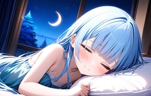  masterpiece, best quality, extremely detailed, (illustration, official art:1.1), 1 girl ,(((( light blue long hair)))), ,(((( light blue long hair)))),light blue hair,loli, long hair ((blush)) , cute face, , masterpiece, best quality,(((((a very delicate and beautiful girl))))),Amazing,beautiful detailed eyes,blunt bangs((((little delicate girl)))),tareme(true beautiful:1.2), sense of depth,dynamic angle,,,, affectionate smile, (true beautiful:1.2),,(tiny 1girl model:1.2),)(flat chest), complex background, wishing star background, a magical scene with shining stars and dreamlike elements, conveying the idea that the magic of Christmas awakens sleeping dreams. Make sure the elements give a dreamy feel. in bed, There are a lot of pillows, dreamy, comfortable, night time, crescent moon, Quiet nights,Comfortable beds,Cosy bedroom,Serene expression,Lightweight dressing gown,gentlesoftlighting,dreamlike scenes,Cloud-like pillows,Starry curtain, portrait、 ☁🌙, ,Embryo,Sleep comfortably, Sleeping Cute Girl,