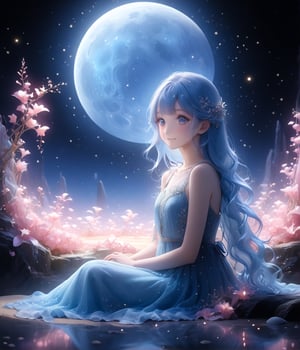 masterpiece, best quality, extremely detailed, (illustration, official art:1.1), 1 girl ,(((( light blue long hair)))), ,(((( light blue long hair)))),light blue hair, , long hair ((blush)) , cute face, big eyes, masterpiece, best quality,(((((a very delicate and beautiful girl))))),Amazing,beautiful detailed eyes,blunt bangs((((little delicate girl)))),tareme(true beautiful:1.2), sense of depth,dynamic angle,,,, affectionate smile, (true beautiful:1.2),,(tiny 1girl model:1.2),)(flat chest) ,A breathtaking scene unfolds as the moonlight casts a luminous glow on a deserted beach, painting the sky with a tapestry of twinkling stars. At the center of this ethereal moment, A young woman with long hair cascades sits in deep meditation. Its tranquil presence evokes a sense of inner peace and serenity amidst the vastness of the empty coast. The girl's silhouette stands out against the backdrop of darkness, his serene expression bathed in soft moonlight. Long pink tentacles of cascade down the back, intertwined with the gentle sea breeze that caresses his face. Your closed eyes indicate a deep connection to the universe, as if his own thoughts harmonized with the whispers of the ocean waves.((big moon )))