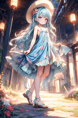 masterpiece, best quality, extremely detailed, (illustration, official art:1.1), 1 girl ,(((( light blue long hair)))), light blue hair,10 years old, long hair ((blush)) , cute face, big eyes, masterpiece, best quality,(((((a very delicate and beautiful girl))))),Amazing,beautiful detailed eyes,blunt bangs((((little delicate girl,flat chest)))),tareme(true beautiful:1.2),seductive smile, sense of depth,dynamic angle, (tiny 1girl model:1.2) ((masterpiece, best quality, extremely detailed, absurdres)), focused leg, wet, sweat, shiny skin, open stance,restrained,point light, sweatdrop,light smile, gasping ,  

、High resolution、Detailed Background、Beautiful face in every detail、Anatomically correct、Detailed facial expressions、Teenage beauty、、Perfect body line、Bobcut、Long Hair、1girl, Floral summer dress, Strappy sandals, Straw hat, Picnic park background, best quality, masterpiece, ultra high res
,SAM YANG,Colors,petite