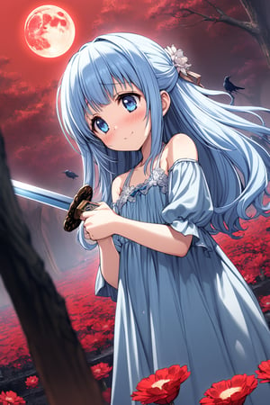 masterpiece, best quality, extremely detailed, (illustration, official art:1.1), 1 girl ,(((( light blue long hair)))), ,(((( light blue long hair)))),light blue hair, , long hair ((blush)) , cute face, masterpiece, best quality,(((((a very delicate and beautiful girl))))),Amazing,beautiful detailed eyes,blunt bangs((((little delicate girl)))),(((tareme))),droopy eyes.(true beautiful:1.2), sense of depth,dynamic angle,,,, affectionate smile, (true beautiful:1.2),,(tiny 1girl model:1.2),)(flat chest), A beautiful anime-style girl with long,,(((detailed)))Blue Eyes,Transparent hair,Face of Sadness,Sad beautiful girl,(((detailed)),(((detailed)))A beautiful immoral girl in a provocative black and grey dress,,(((detailed)))Full Body Shot,Crow,(((detailed)))dead tree,fog,Red Moon,Mysterious Flower,graveyard of darkness。, holding katana, , holding sword
