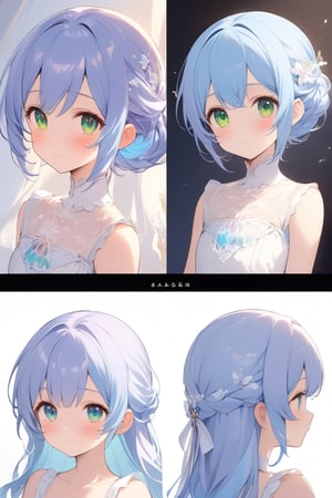 masterpiece, best quality, extremely detailed, (illustration, official art:1.1), 1 girl ,(((( light blue hair)))), ,(((( light blue hair)))),light blue hair, ,((blush)) , cute face, big eyes, masterpiece, best quality,(((((a very delicate and beautiful girl))))),Amazing,beautiful detailed eyes,blunt bangs((((little delicate girl)))),(((tareme))),droopy eyes.(true beautiful:1.2), sense of depth,dynamic angle,,,, affectionate smile, (true beautiful:1.2),,(tiny 1girl model:1.2),)(flat chest),(masterpiece), (best quality), sharp focuse, (character design sheet, same character, profile side, back, close up), illustration, (detailed hair, detailed face, detailed features structure), ((1 woman, solo)), perfect feminine face, pose zitai, detailed design character, , shoulders length hair, ((green eyes, beautiful shapes of eyes)), black turtleneck outfit, (simple background, white background: 1.3)
、(character design sheet, same character, front, side, back),score_9,score_8_up,score_7_up,score_6_up,score_5_up, ,, highres,8k,official art, pale skin, shiny skin, full body, character chart,(((personification))),  