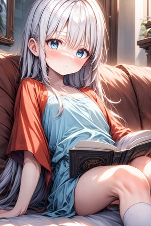  ((masterpiece, best quality, extremely detailed, absurdres)),, masterpiece, best quality, extremely detailed, (((light blue long hair))), long hair cute anime faces,detailed light,parted lips,shiny、beautiful detailed face,,longhair、(((( light blue long hair)))),,10 years old, , 1girl, solo, flat chest, blush, bangs, good hands, more detail, 1girl, on stomach, lying, solo, skirt, book, bangs, blue eyes, pillow, open book, socks, sofa, reading, room,