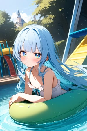 masterpiece, best quality, extremely detailed, (illustration, official art:1.1), 1 girl ,(((( light blue long hair)))), ,(((( light blue long hair)))),light blue hair, , long hair ((blush)) , cute face, big eyes, masterpiece, best quality,(((((a very delicate and beautiful girl))))),Amazing,beautiful detailed eyes,blunt bangs((((little delicate girl)))),tareme(true beautiful:1.2), sense of depth,dynamic angle,,,, affectionate smile, (true beautiful:1.2),,(tiny 1girl model:1.2),)(flat chest), score_9, score_8_up, score_7_up, source_anime,masterpiece, best quality, high resolution, extremely detailed CG, absurdres, highres, A dreamy water playground, all the buildings are made of ice cream, the ice cream castle is colorful, and the girl in swimsuit is sliding down the water slide, very happy, neondskdrmsxl