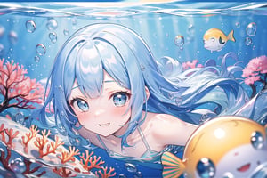 Masterpiece, Top Quality, Very Detailed, (Illustration, Official Art:1.1), 1 Girl, ((((Long light blue hair)))), ((((Long light blue hair)))), Light blue hair, , Long hair ((Blushing)), Cute face, Big eyes, Masterpiece, Top Quality, ((((Very delicate and beautiful girl))))), Awesome, Beautiful detailed eyes, Blunt bangs((((Small delicate girl)))), (((Droopy))), Droopy eyes. (Really Beautiful:1.2), Sense of depth, Dynamic angles, ,, Affectionate smile, (Really Beautiful:1.2),, (Small one girl model:1.2), )(Flat chest), (Top quality, Highly detailed, Latest, Vivid, Super detail, Super high resolution, High contrast, Masterpiece, Best quality, Best aesthetics), Detailed eyes, Underwater scene, Anime girl, Beautiful lips, Colorful tropical fish, Coral, ((Bikini:1.2)), Swimming, Serene facial expression, Lush vegetation, Aquatic environment, Sun rays, Sparkling water reflections, Breathtaking underwater world, Bright colors, Subtle lighting, Serenity, Marine life, Masterpiece of art, Surreal atmosphere, Diving goggles, Water bubbles, Clear water, Tropical paradise, Blissful experience, Happy face of girl, Coral reef, Unusual marine life, Rising bubbles, Glowing fish scales, Weightless floating feeling. (((meny Tropical fish)))
