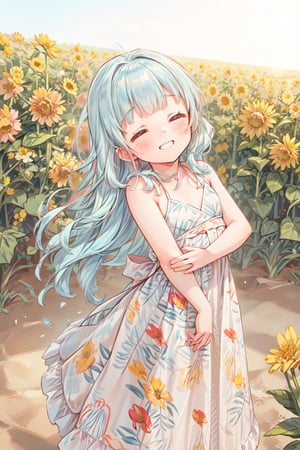 masterpiece, best quality, extremely detailed, (illustration, official art), 1 girl ,(((( light blue long hair)))), ,(((( light blue long hair)))),light blue hair, , long hair ((blush)) , cute face, masterpiece, best quality,(((((a very delicate and beautiful girl))))),Amazing,beautiful detailed eyes,blunt bangs((((little delicate girl)))),tareme(true beautiful:1.2), sense of depth,dynamic angle,,,, affectionate smile, (true beautiful:1.2),,(tiny 1girl model:1.2),)(flat chest) ,closed eyes, (masterpiece,high-quality,ultra detailed,8K,UHD,high-resolution,perfect anatomy,ultra complex and detiled), perfect anatomy, leaning forward, head tilt, standing, arms behind back, (little girl, petite:1.1),, (closed eyes:1.1), grin, embarrassed, blush, sunflower patterned dress, off shoulder, smile, flower, sunflower, flower field, field, dandelion, day, summer, solo, outdoors,
Opaque clothing