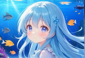 masterpiece, best quality, extremely detailed, (illustration, official art:1.1), 1 girl ,(((( light blue long hair)))), ,(((( light blue long hair)))),light blue hair, , long hair ((blush)) , cute face, big eyes, masterpiece, best quality,(((((a very delicate and beautiful girl))))),Amazing,beautiful detailed eyes,blunt bangs((((little delicate girl)))),(((tareme))),droopy eyes.(true beautiful:1.2), sense of depth,dynamic angle,,,, affectionate smile, (true beautiful:1.2),,(tiny 1girl model:1.2),)(flat chest),1 Girl, alone,Purple eyes, Long Hair, blunt bangs, bangs,(girl it look at aquarium fhish ), aquarium, Glass tunnel, sea creature, school of fish, illumination, Blue light, Aquarium, reflection, adventure, excited, Light effects, mysterious 