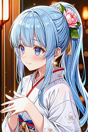 masterpiece, best quality, extremely detailed, (illustration, official art:1.1), 1 girl ,(((( light blue hair)))), ,(((( light blue long hair)))),light blue hair, ,((blush)) , cute face, big eyes, masterpiece, best quality,(((((a very delicate and beautiful girl))))),Amazing,beautiful detailed eyes,blunt bangs((((little delicate girl)))),(((tareme))),droopy eyes.(true beautiful:1.2), sense of depth,dynamic angle,,,, affectionate smile, (true beautiful:1.2),,(tiny 1girl model:1.2),)(flat chest), , long ponytail, ((waiting, side view, boring)), cowboy shot、"A girl in a beautiful white yukata with goldfish patterns. The obi of the yukata is pink and adorned with shining pearl accessories.tied hair, kanzashi, flower hair ornament, Fluffy note hair ornament,  crescent earrings,, , sparkle, 8k, super detail, UHD, accurate, masterpiece, anatomically correct, textured skin, super detail, high details, high quality, award winning, best quality, highres ,(((Excitement, tension, embarrassment))),,Station front, Meet at the station roundabout、clutch one's hands together