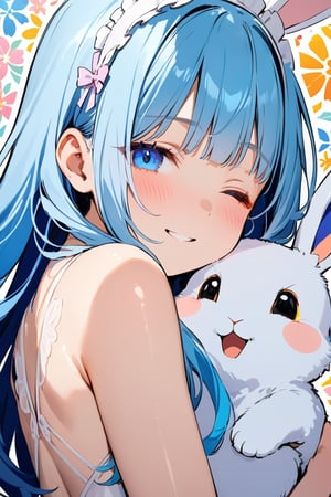 masterpiece, best quality, extremely detailed, (illustration, official art:1.1), 1 girl ,(((( light blue long hair)))), ,(((( light blue long hair)))),light blue hair, , long hair ((blush)) , cute face, big eyes, masterpiece, best quality,(((((a very delicate and beautiful girl))))),Amazing,beautiful detailed eyes,blunt bangs((((little delicate girl)))),tareme(true beautiful:1.2), sense of depth,dynamic angle,,,(((tareme))), (true beautiful:1.2),,(tiny 1girl model:1.2)(flat chest) 、masterpiece, top quality, very aesthetic, absurd, (super detailed), vivid, (nice hands, perfect hands), ideal proportions of the body, BREAK (vector outline, flat colors: 1.5), (one girl), solo, standing, (hugging white rabbit: 1.2), from the side, upper body close-up, (colorful floral background), BREAK cute girl, 18 years old, detailed blue eyes, (eye highlights), bright smile, (eyes closed: 1.2), wide open mouth, (blush all over face), floating hair, BREAK (wearing a shiny white maid: 1.2), (white rabbit ears headband and white rabbit tail), white thigh-high socks, white pumps