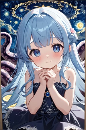 masterpiece, best quality, extremely detailed, (illustration, official art:1.1), 1 girl ,(((( light blue long hair)))), ,(((( light blue long hair)))),light blue hair, , long hair ((blush)) , cute face, big eyes, masterpiece, best quality,(((((a very delicate and beautiful girl))))),Amazing,beautiful detailed eyes,blunt bangs((((little delicate girl)))),tareme(true beautiful:1.2), sense of depth,dynamic angle,,,, affectionate smile, (true beautiful:1.2),,(tiny 1girl model:1.2),)(flat chest) ,,masterpiece, best quality,blush, , shy smile,  , open legs, tentacles, With hands up, starry night, Magic Circle,、Pink Gothic Dress、cute、
,(Depth of field, hdr, 8k wallpaper, cinematic angle, cinematic lighting,:1.1) (masterpiece, best quality:1.45),round and round