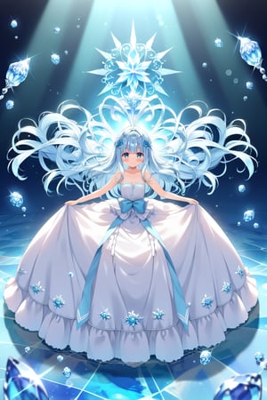 masterpiece, best quality, extremely detailed, (illustration, official art:1.1), 1 girl ,(((( light blue long hair)))), ,(((( light blue long hair)))),light blue hair, , long hair ((blush)) , cute face, masterpiece, best quality,(((((a very delicate and beautiful girl))))),Amazing,beautiful detailed eyes,blunt bangs((((little delicate girl)))),(((tareme))),droopy eyes.(true beautiful:1.2), sense of depth,dynamic angle,,,, affectionate smile, (true beautiful:1.2),,(tiny 1girl model:1.2),)(flat chest),masterpiece, best quality, 8K,,BREAK, a woman standing in the center of the scene with a gentle expression on her face against a torrent of light. She has ice blue hair and wears a light blue dress, and in her hand she holds a clear, delicate ice rose. This ice rose is in harmony with her pure presence, and a faint mist seems to be emanating from the rose. The surrounding torrent of light is dynamic and illuminates the girl's surroundings. Her smile is both gentle and serene, capturing the peace and beauty of this moment. The background is almost entirely blown white, with the light and the silhouette of the girl taking center stage,(((ice rose)))
