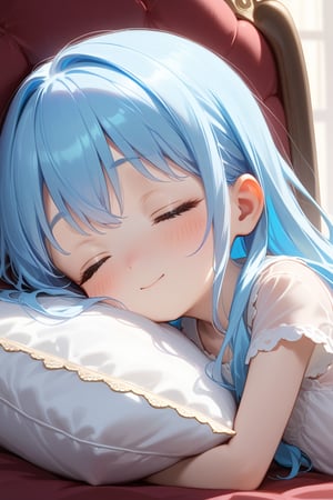 pillow on your arms, close your eyes and relax, showing a romantic, relaxed and elegant beauty,(((( light blue long hair)))),((((little delicate girl)))), 1 girl ,tiny 1girl ,young, affectionate smile, ,((blush)) ,, cute face,
