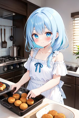 masterpiece, best quality, extremely detailed, (illustration, official art: 1.1), 1 girl, ((((light blue hair)))), (((light blue long hair))), light blue hair,, ((blush)), cute face, big Eyes, masterpiece, best quality, (((a very delicate and beautiful girl))))), amazing, beautiful detailed eyes, blunt bangs ((((little delicate girl))), ((tareme))), droopy eyes. (true beautiful: 1.2), sense of depth, affectionate smile, (true beautiful: 1.2), (tiny 1girl model: 1.2),) (flat chest),score_9, score_8_up, score_7_up, score_6_up, , amazing quality, very aesthetic, ultra detailed face, anime, 1girl, solo, smile, shirt, apron, cooking, making croquettes, delicious croquettes, kitchen, Off-the-shoulder shirt、Young、