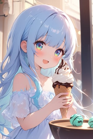 masterpiece, best quality, extremely detailed, (illustration, official art:1.1), 1 girl ,(((( light blue long hair)))), ,(((( light blue long hair)))),light blue hair, , long hair ((blush)) , cute face, big eyes, masterpiece, best quality,(((((a very delicate and beautiful girl))))),Amazing,beautiful detailed eyes,blunt bangs((((little delicate girl)))),tareme(true beautiful:1.2), sense of depth,dynamic angle,,,, affectionate smile, (true beautiful:1.2),,(tiny 1girl model:1.2),)(flat chest),A very beautiful light blue long hair girl is eating a giant soft serve in front cafe. 1girl, solo, (white tube-top), off shoulders, portrait, looking atsoft serve cream cone, ((giant mint soft cream, and chocolate soft cream mixed)), food, open mouth, (holding soft serve cone), brown cone, long hair, swaying bangs, mint eyes, beautiful round eyes, long eyelashes, perfect her fingers, pale skin,
